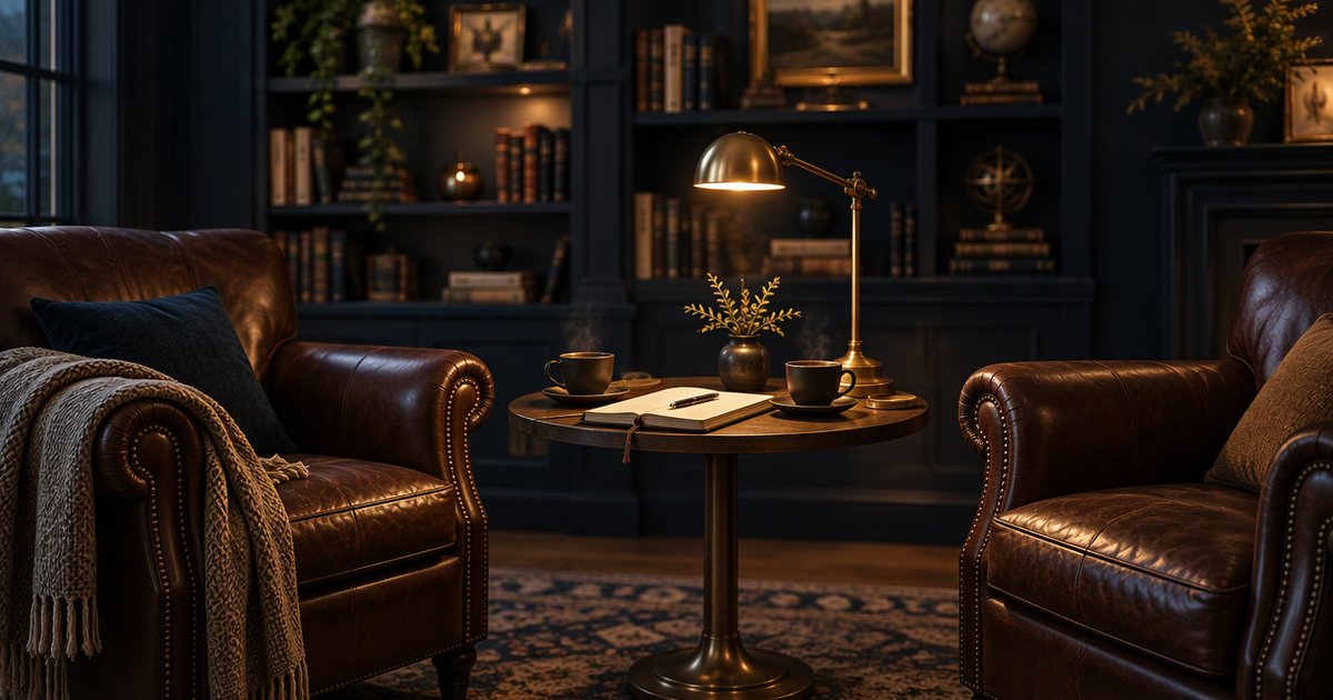 Two leather armchairs facing each other in a navy study lit by a brass lamp