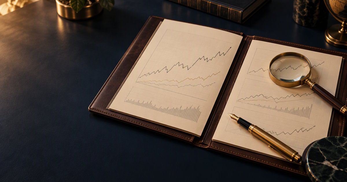 Open leather portfolio folder with abstract charts, a gold pen and magnifying glass on a navy desk