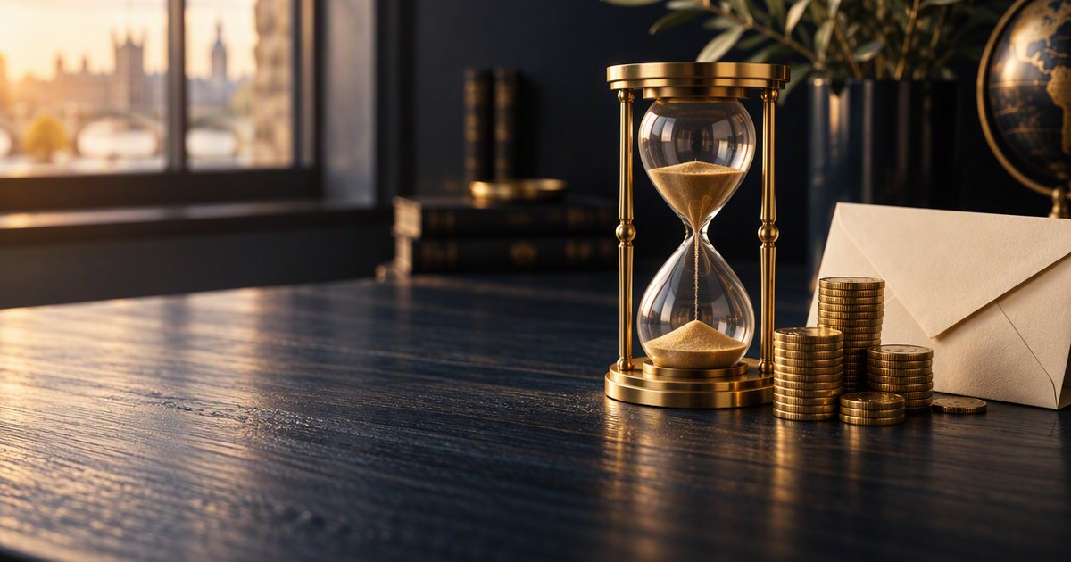 Brass hourglass beside a stack of gold coins and a cream envelope on a navy desk