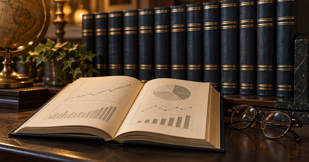 Navy and gold hardbound books with an open book of chart sketches and reading glasses
