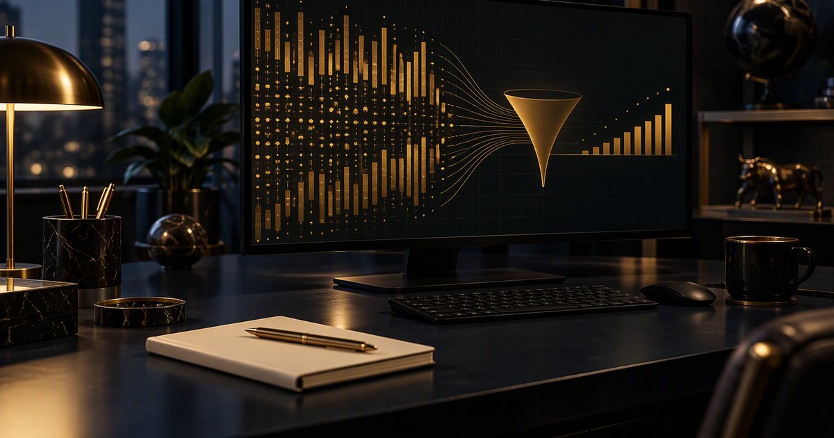 Monitor showing an abstract gold data grid and filter motif on a navy desk